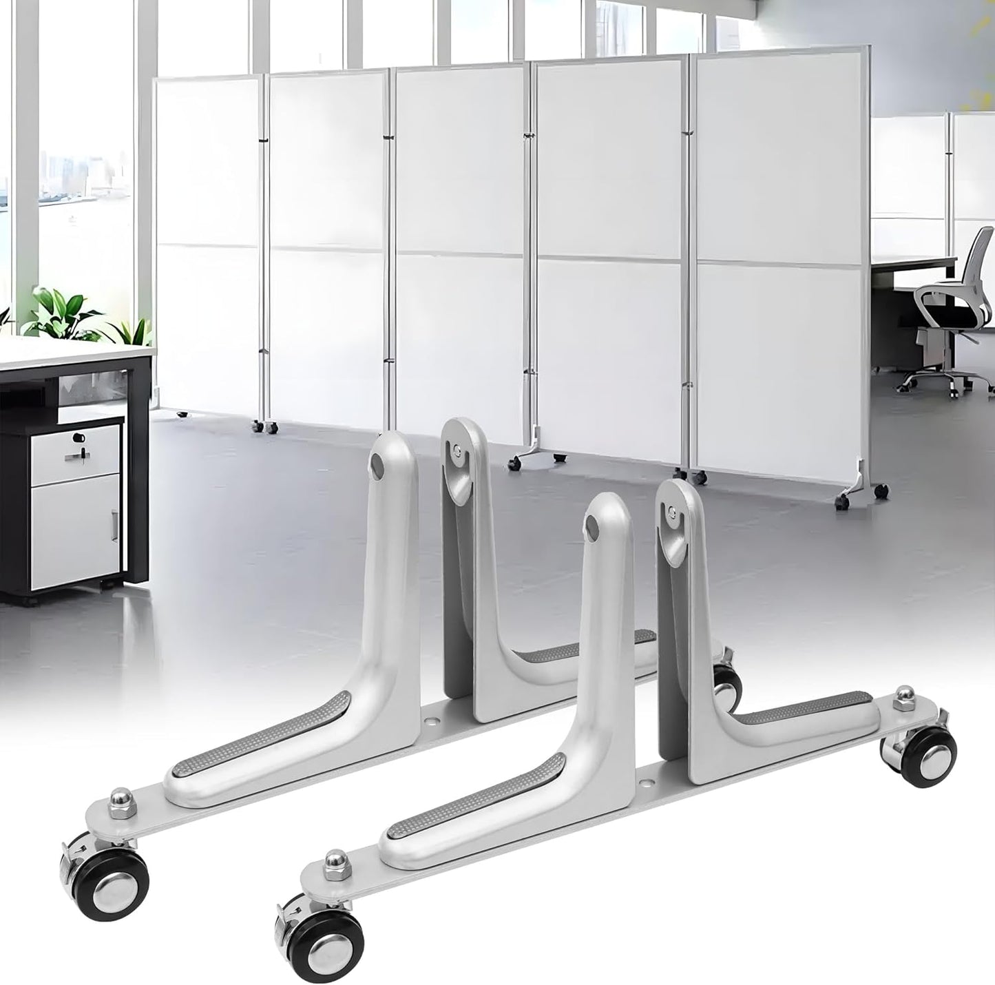 MYOYAY 2 Packs Room Divider Stabilizer Feet with Stainless Steel Wheels, Folding Room Screen Divider Stand Support Bases Privacy Screen Partition Holder Feet for Hotel Home Office (Sliver)
