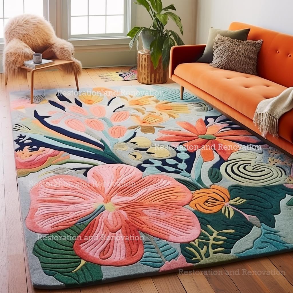 Handmade Wool Floral Area Rug for Living Room | Elegant Flower Garden Design, Soft, Thick and Durable | Bedroom, Dining Room & Home Decor Carpet (3' x 5', Floral D)