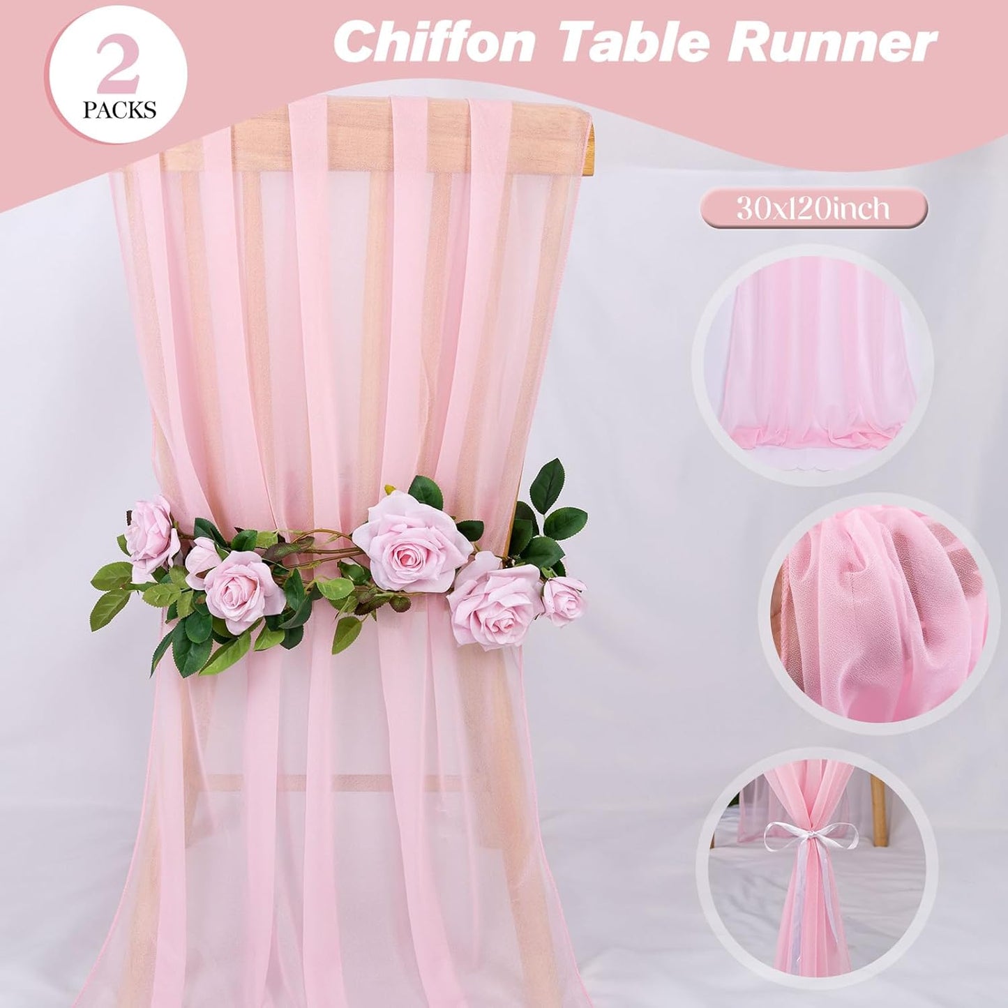 2 Packs 10ft Blushing Pink Chiffon Table Runner 30 x 120 Inches Romantic Sheer Table Decorations Long Tulle Runner for Wedding Bridal Shower Party Supplies Decor
