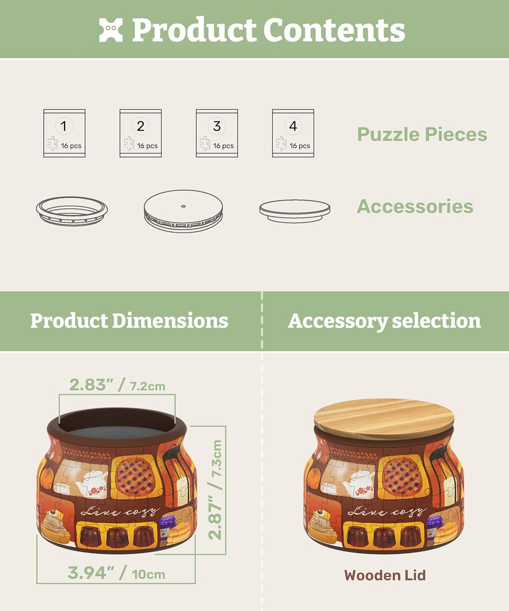 PieceRelax 3D Puzzle Jar 64 Plastic Pieces for Adults - Live Cozy - Wooden Lid Container for Kitchen Dining Study Living Room No Glue Requied Small [BC1021]