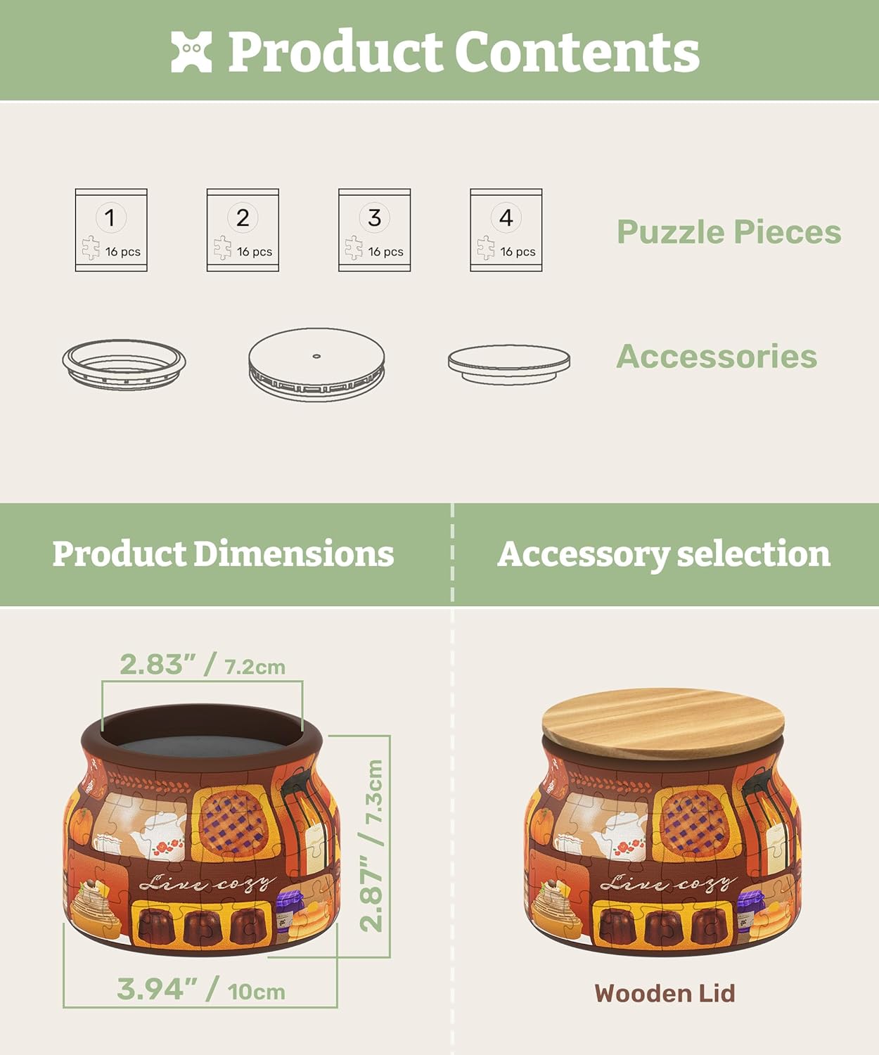PieceRelax 3D Puzzle Jar 64 Plastic Pieces for Adults - Live Cozy - Wooden Lid Container for Kitchen Dining Study Living Room No Glue Requied Small [BC1021]