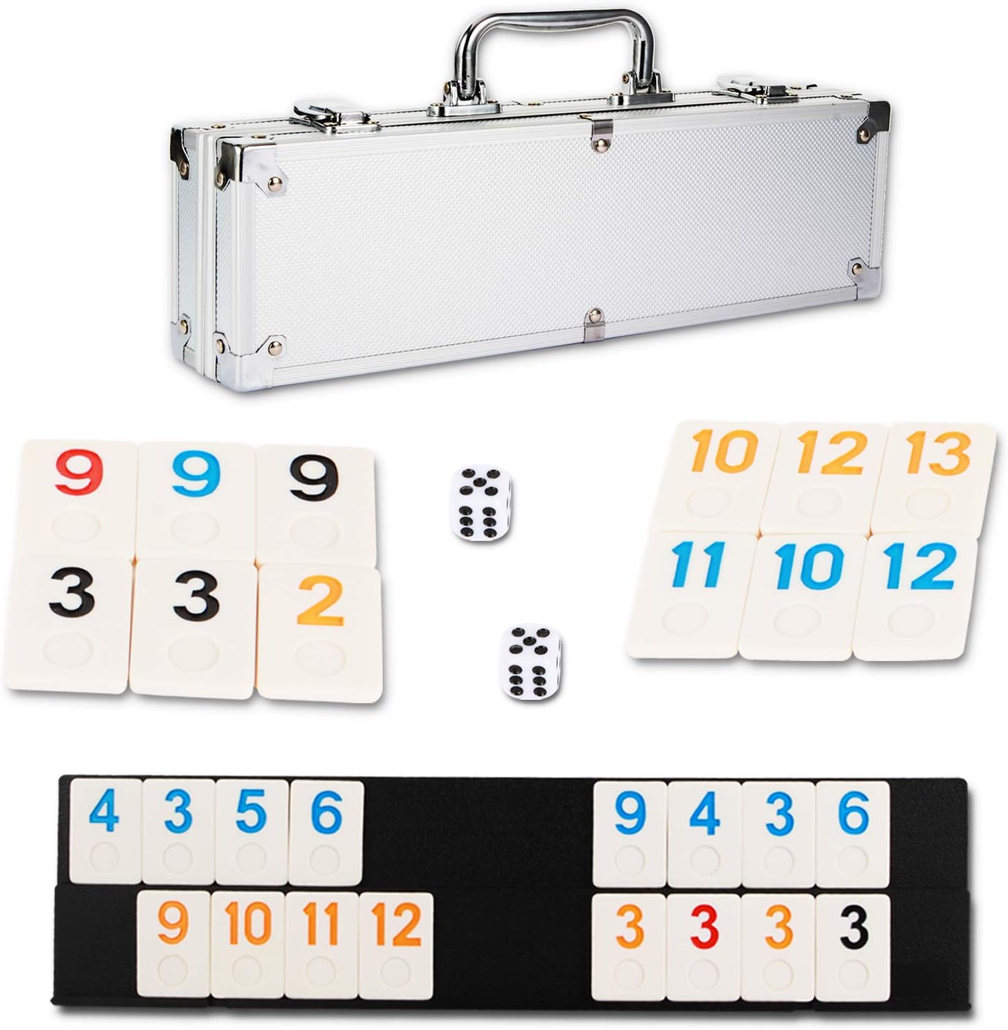 NOLIE 106 Tiles Rummy Cube Game Set with Aluminum Case and 4 Anti-Skid Durable Trays for 2-4 Players
