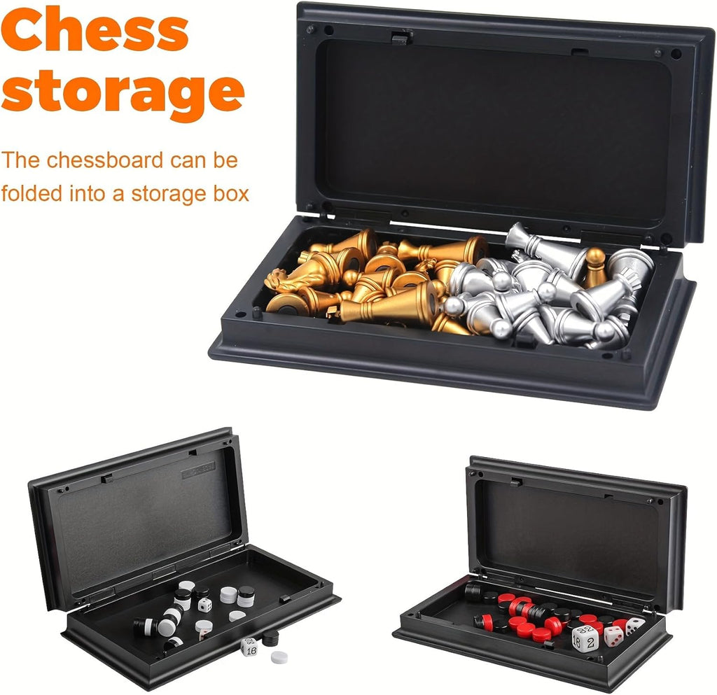 Chess Board Game Set Mini Magnetic Chess Kit Table Game with Folding Case 5'' Portable 3 in 1 Chess Checkers Backgammon Set Travel Game 2 Players