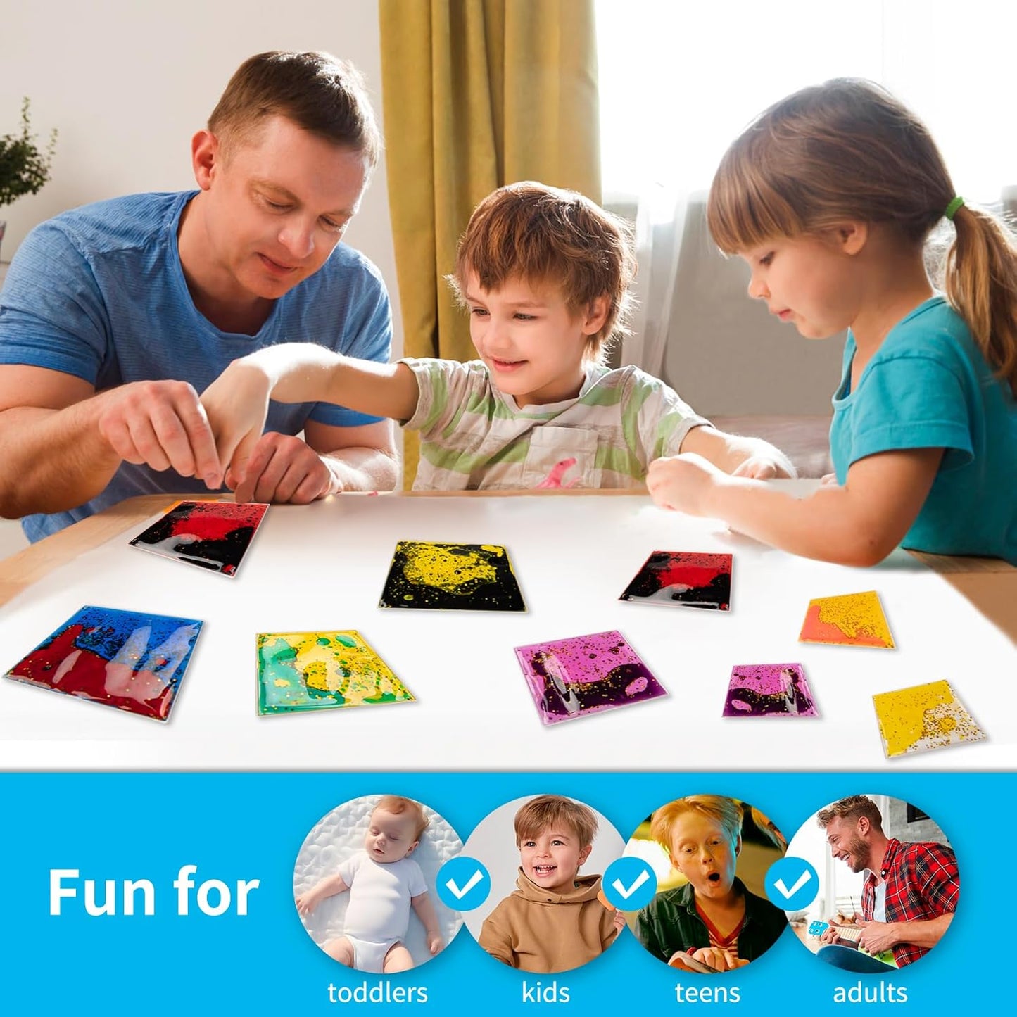 Art3d 6”x6” Square Sensory Fidget Liquid Motion Tiles for Kids, Toddler, Teens - Interactive Soft Gel Liquid Play Mats for Home, Schools, Playrooms, Multi-Pack of 3 Tiles