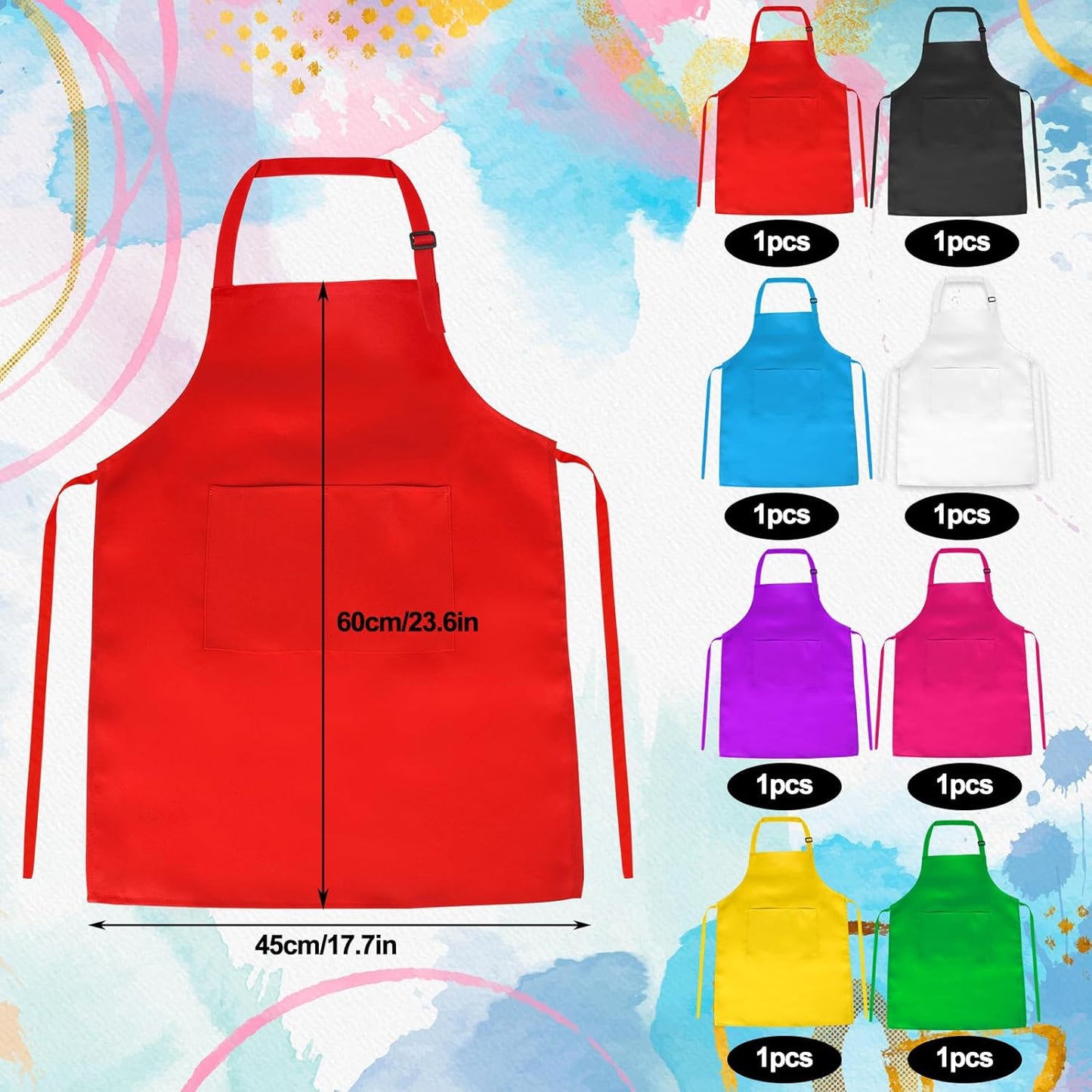 PLULON 8 Pcs Kids Apron Set Adjustable Children Art Aprons with 2 Pockets Artist Apron Bulk for Baking Painting Cooking Activity - 8 Colors