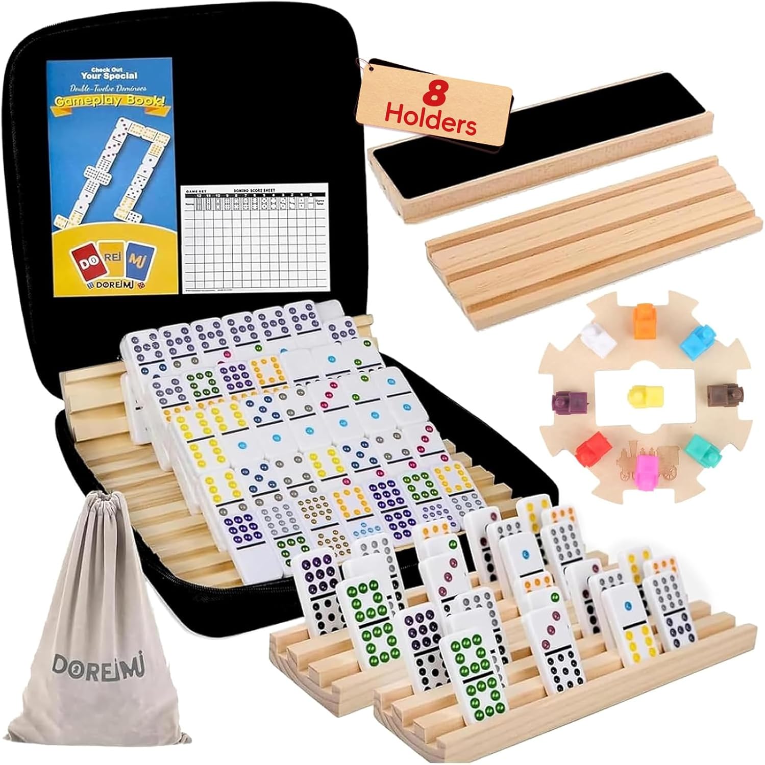 Upgraded Mexican Train Dominoes Set with 8 Wooden Holders, Double 12 Dominos Set for Kids, Adults Travel Domino Train Set with 91 Tiles and Carry Case, Classic Board Games for Family Night