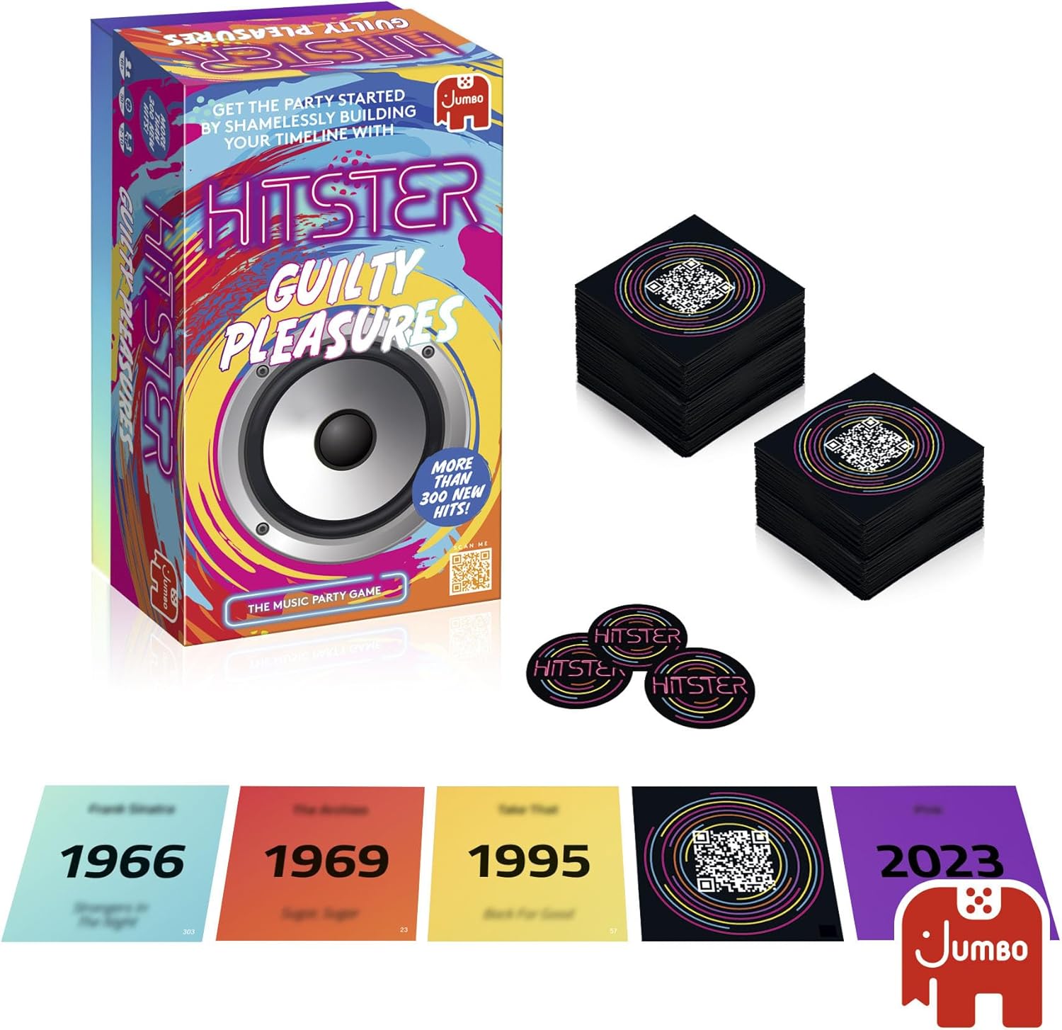 Jumbo Hitster - Guilty Pleasures, Fun Music Quiz Card Game, 2-10 Players - 300 Plus Guilty Pleasure Music Hits - Great for Adult and Family Game Nights (US Edition)