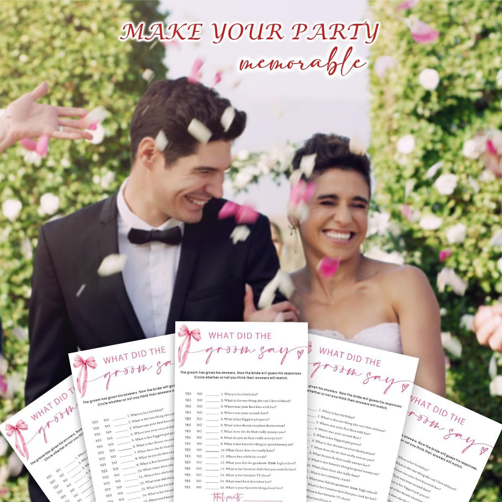 Wedding Shower Games Cards, What Did The Groom Say, Bridal Shower Games 25 Guests, Engagement Party Wedding Games for Guests, Pink Ribbon Bow Wedding Party Supplies - E12