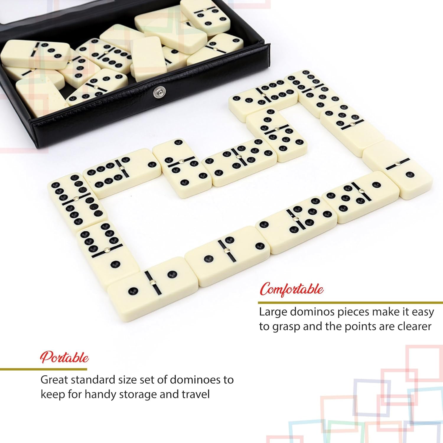 ERLLE - Premium Double 6 Dominoes Set, Classic Domino Game with Vinyl Case, Tiles for Adults & Kids, Mexican Train & Family Game Night