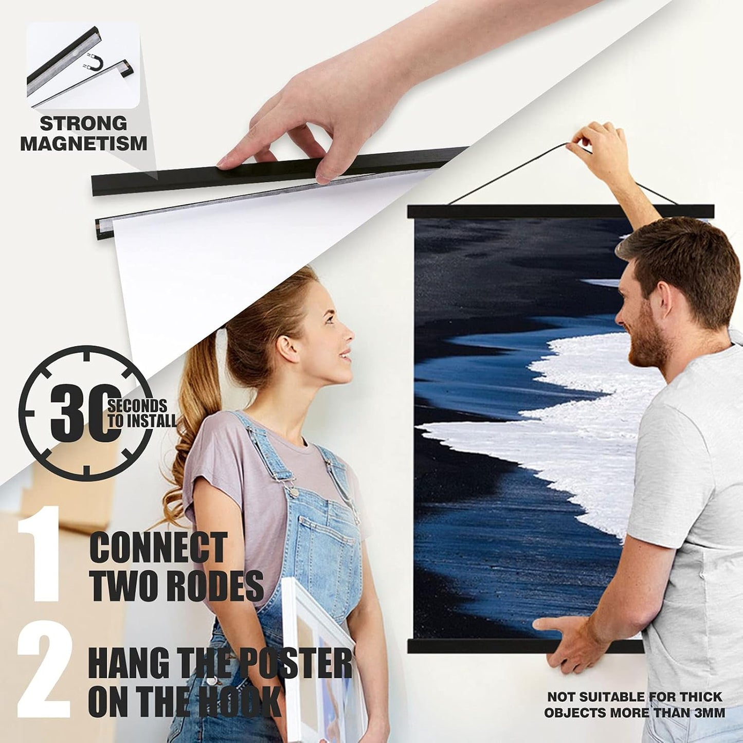 Ywlake Magnetic Poster Hanger, 18x24 18x12 18x24 Poster Frame Wood Wooden Magnet Print Posters Dowel Scroll Hanger Hangers Hanging Kit for Walls Map Canvas Artwork (Black, 18")