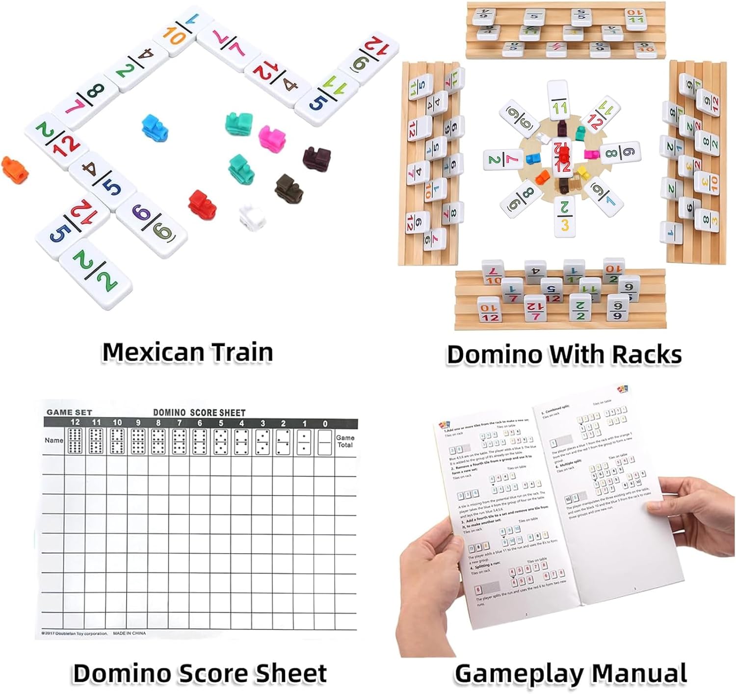 Mexican Train Dominoes Set with Numbers and 8 Wooden Holders, Double 12 Dominos Set for Kids, Adults Travel Domino Train with 91 Tiles and Upgrated Hub, Classic Board Games for Family Night
