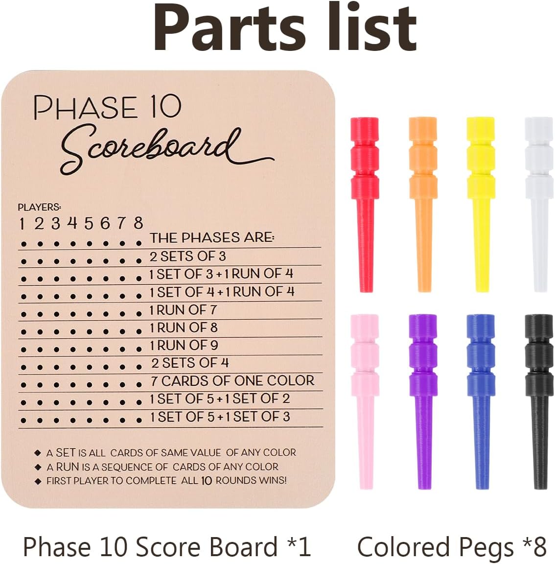 Phase 10 Score Board, Wooden Phase 10 Scoreboard, Phase 10 Score Sheets with 8 Colored Pegs, 10 Scorecard and Round Tracker, Classic Family Adults Board Card Games Night Table Score Boards