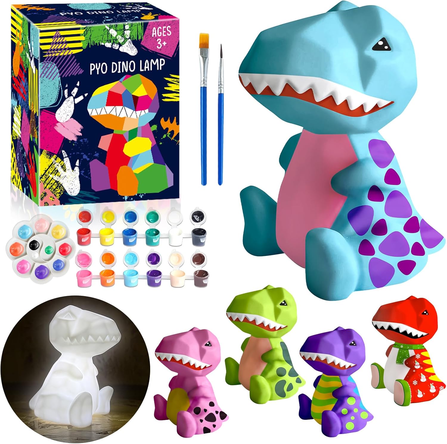 FUNZBO 4.3in Paint Your Own Dinosaur Lamp Kit - Halloweens Arts and Crafts Supplies Painting Kit for Kids Teens, DIY Night Light Dinosaur Toys for Boys Girls 3 4 5 6 7 8 9 10 11 12 13 Birthday Gifts