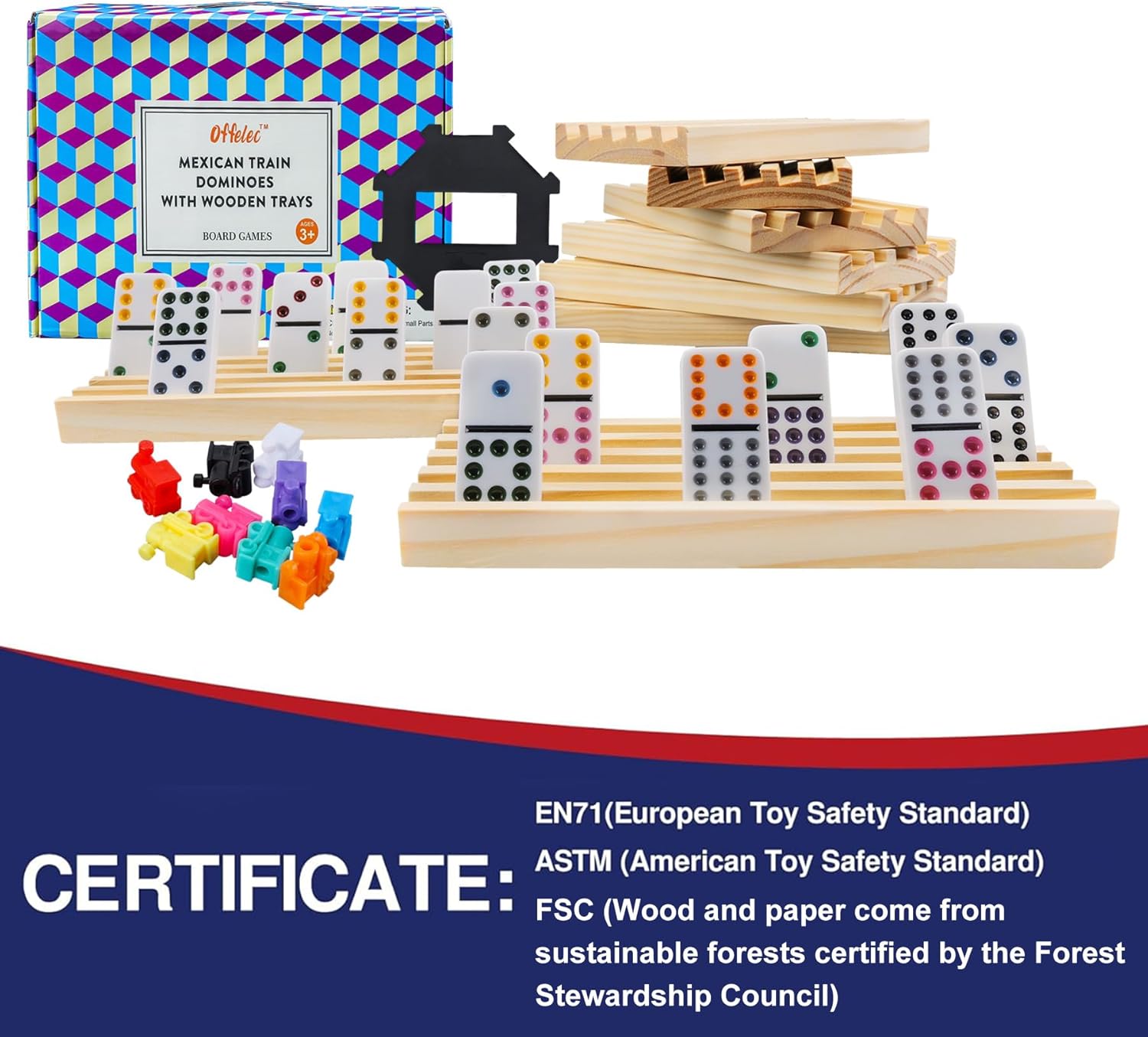 Mexican Train Dominoes Set with 8 Wooden Holders, Double 12 Dominoes Set for Adults, 91 Tiles Colored Dominos Set for Kids Family Night Board Games, Mexican Train Games for 2-8 Players