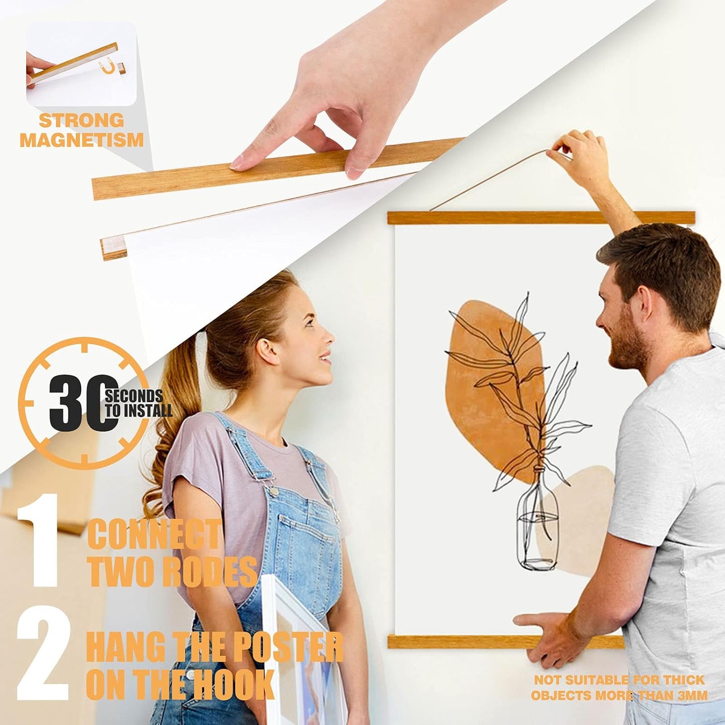 Ywlake Magnetic Poster Hanger, 23x34 23x33 23x35 Poster Frame Wood Wooden Magnet Print Posters Dowel Scroll Hanger Hangers Hanging Kit for Walls Map Canvas Artwork (Teak Wood, 23")