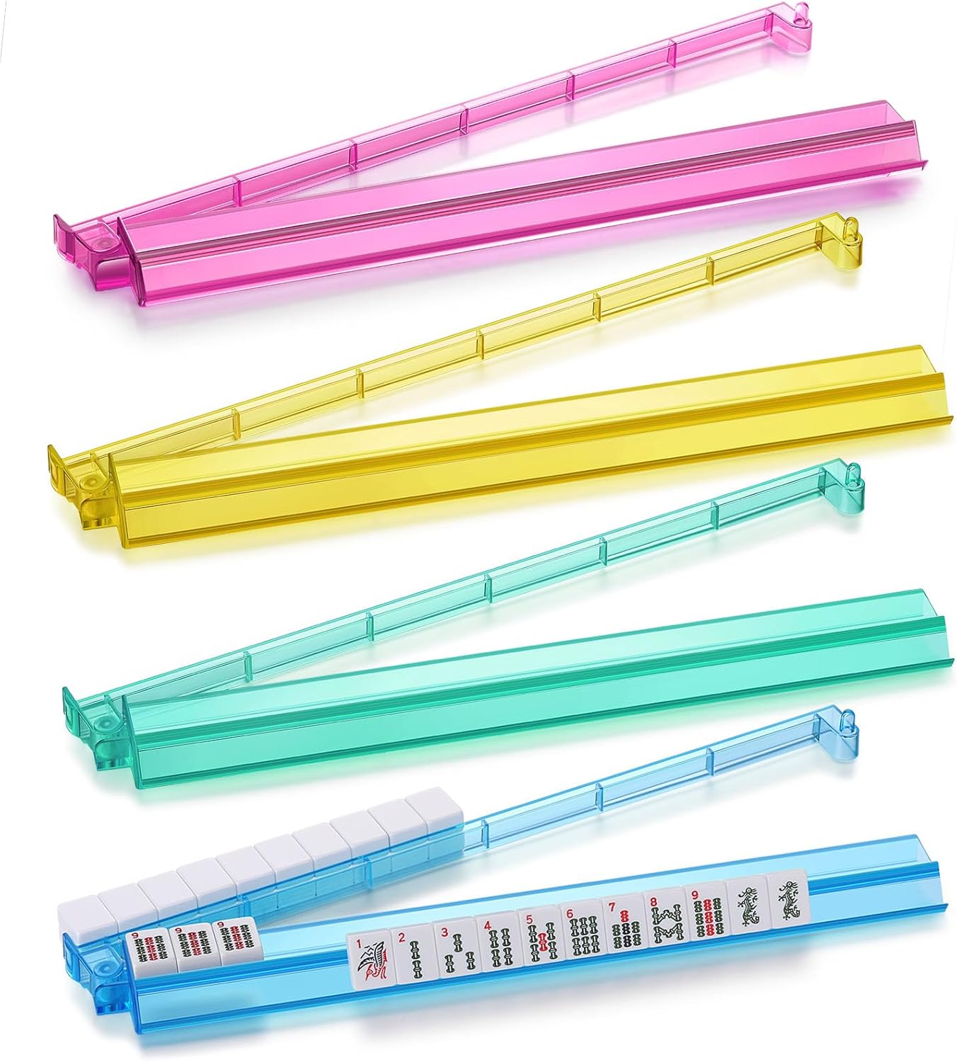 Clear Mahjong Racks with Pushers,4 Colors Acrylic American Majiang Tile Racks,Imports Modern Mahjong Racks with Built-in Pushers- Set of 4