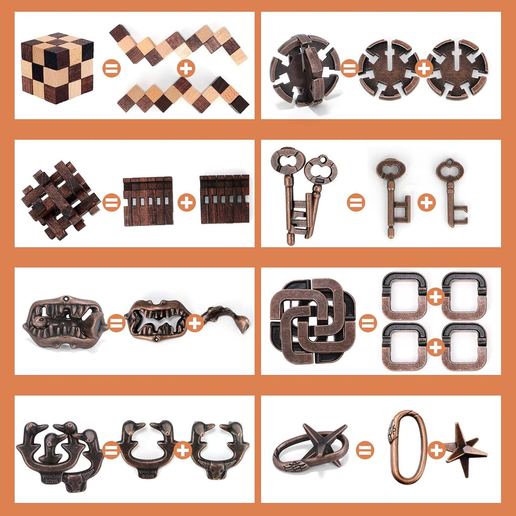 8 Pcs Brain Teaser Puzzles for Adults Teens - Wooden Puzzles 3D Puzzle Game Toys for Adults Teens - Metal Unlock Interlocking Puzzle Adult IQ Education Smart Toys