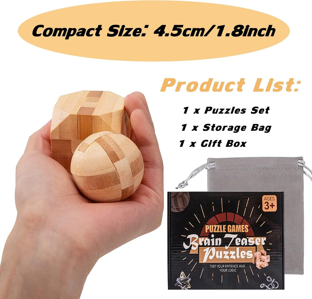 VolksRose 15pcs Wooden Brain Teaser Puzzles, IQ Challenge Puzzle Games, Logic Smart Mind Puzzle Box Lock Toy Removing Assembling 3D Small Puzzle Gift Set for Adults Teenagers Kids, 1.8inch 4.5cm