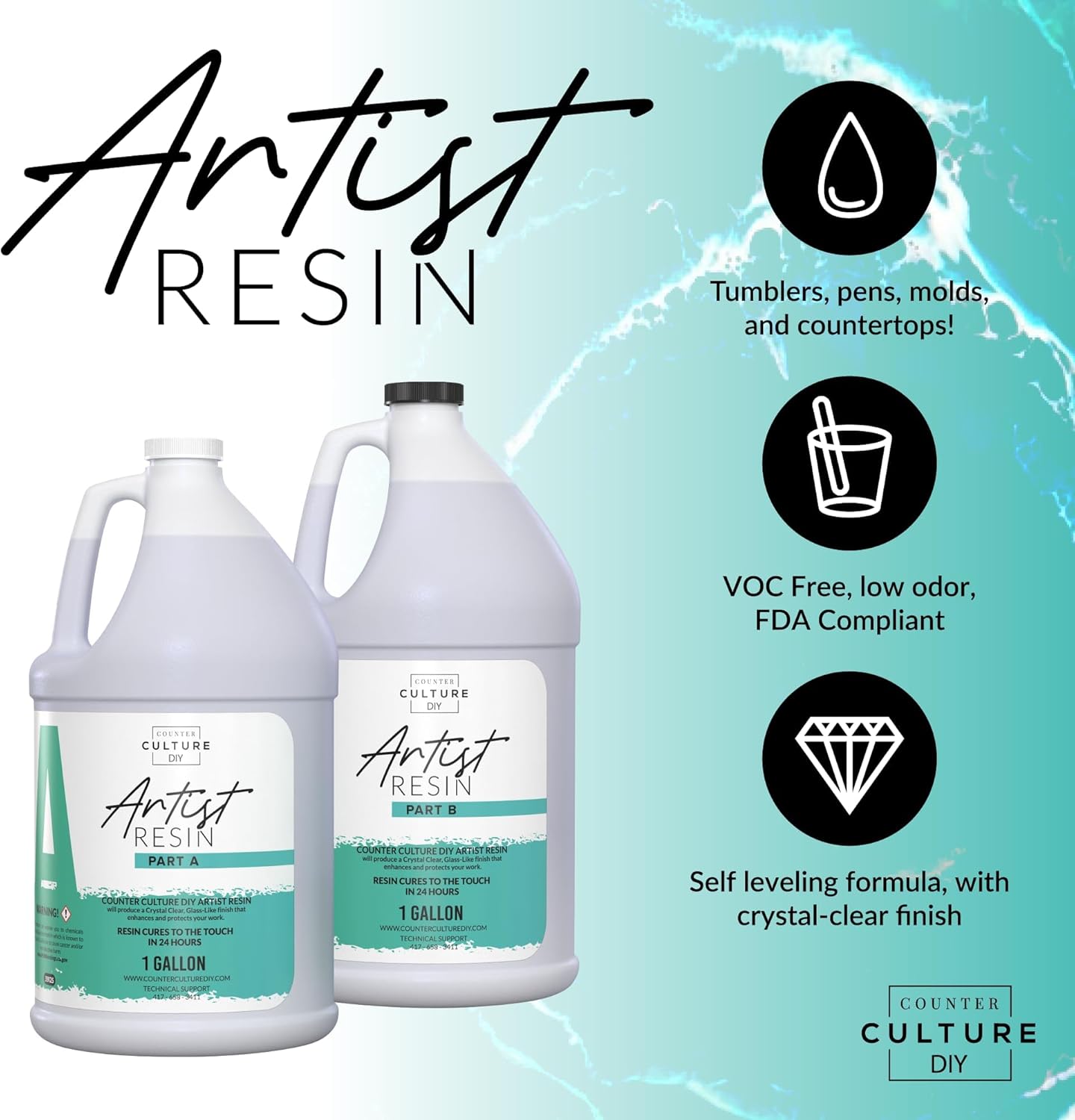 Counter Culture DIY Clear Artist Resin, 32 oz Kit, Art Epoxy Supplies for Metallic Stains Acrylic 100% Solids Easy Coat No VOCs Scratch UV Heat Resistant to 500 Degrees