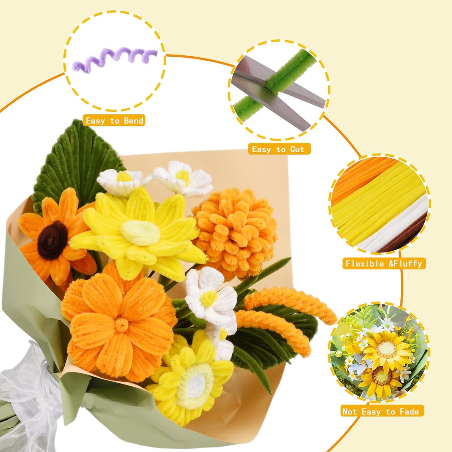 Pipe Cleaners Craft, 400pcs Pipe Cleaners with Flower Stems, Floral Tape, Ribbon, for Flower Bouquet DIY-Sunflower