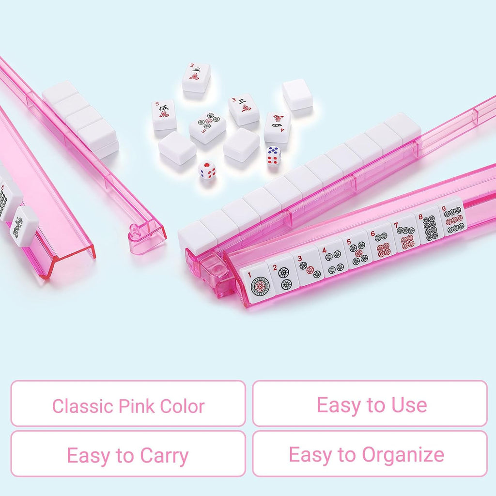 Mahjong Racks with Pushers 4PCS Set Majiang Tile Holder Acrylic Mahjong Racks Accessories and Gifts-Pink