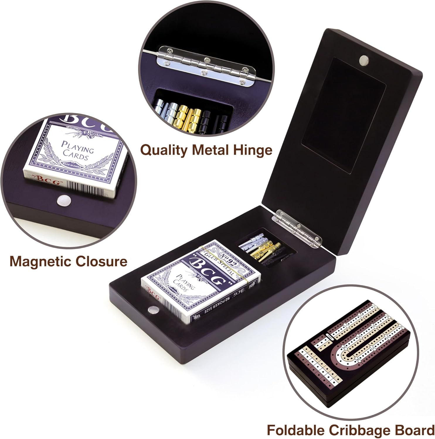 Cribbage Board Game Set - Wooden Foldable 3-Track Board with Magnetic Closure, 9 Metal Pegs, Playing Cards, Portable Family Travel Game for Gatherings and Gifts