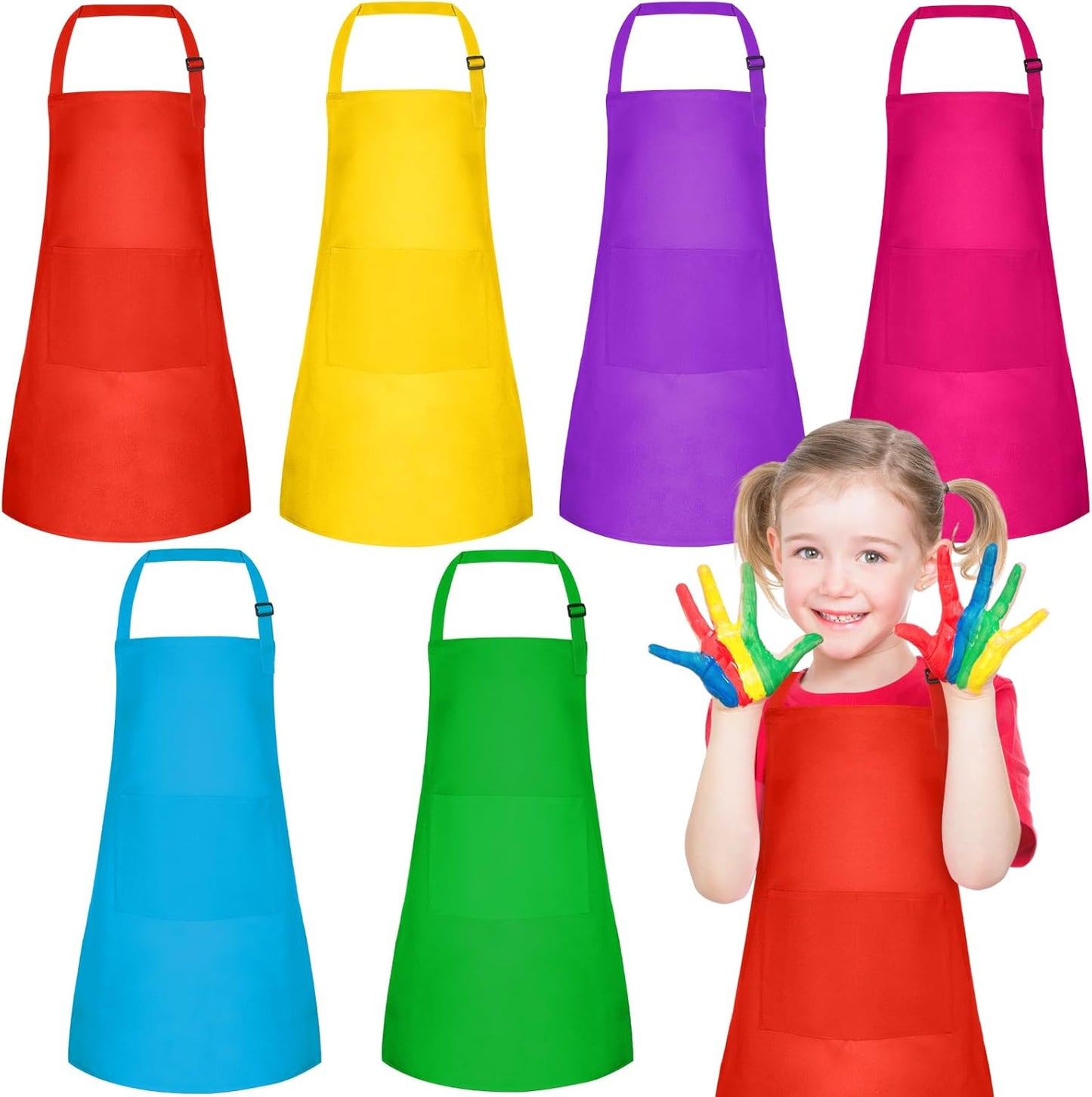 PLULON 6 Pcs Kids Apron Set Adjustable Children Art Apron with 2 Pockets Artist Apron Bulk for Baking Painting Cooking Activity - 6 Colors