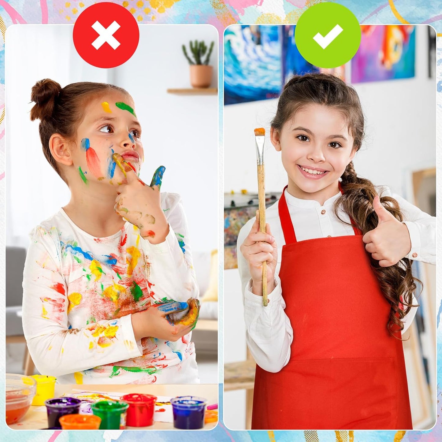 PLULON 8 Pcs Kids Apron Set Adjustable Children Art Aprons with 2 Pockets Artist Apron Bulk for Baking Painting Cooking Activity - 8 Colors
