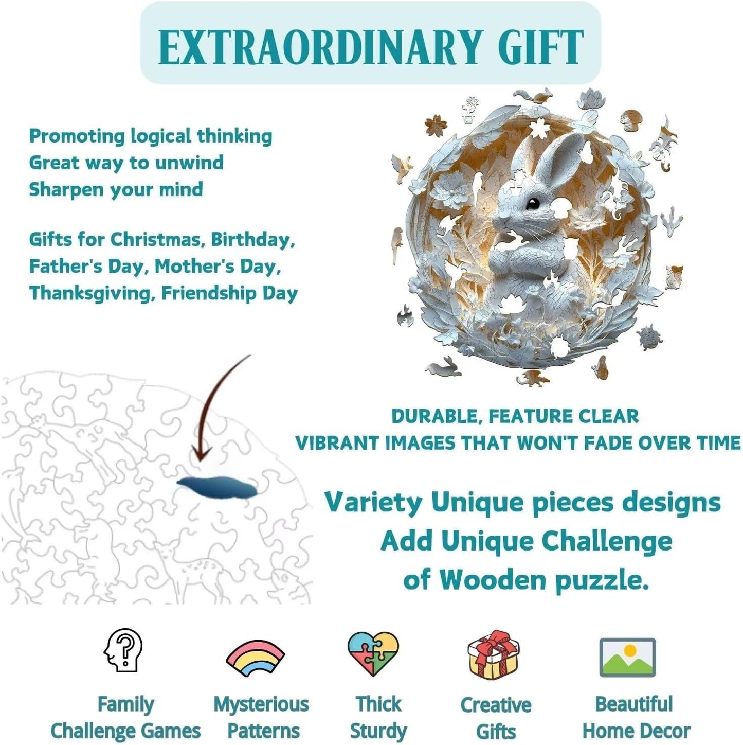 Wooden Puzzles Adults, 3D Paper Rabbit Wooden Puzzles 200 Pieces, Unique Animal Shaped Wood Challenging Jigsaw Puzzles Gifts for Adults, 11.4x11.1in