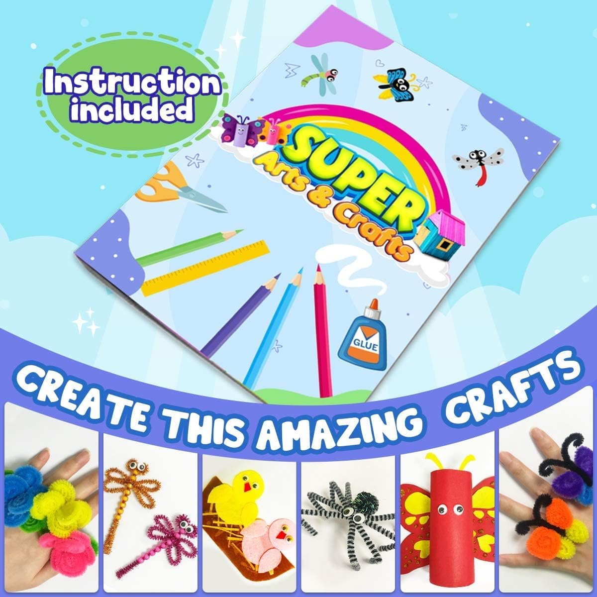 FUNZBO Arts and Crafts School Supplies for Kids -Kindergarten School Supplies Set with Glitter Glue Stick,Glue, Pipe Cleaners Craft and Kids' Scissor, Birthday Gifts for Girls Boys Age 4+