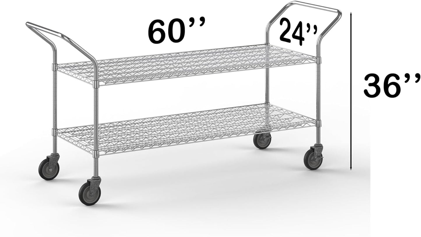 24" W x 60" L x 36" H Chrome Heavy Duty Utility Cart | 2-Tier | NSF Commercial Storage Rack Mobile Unit | Storage and Mobility Solution for Your Business