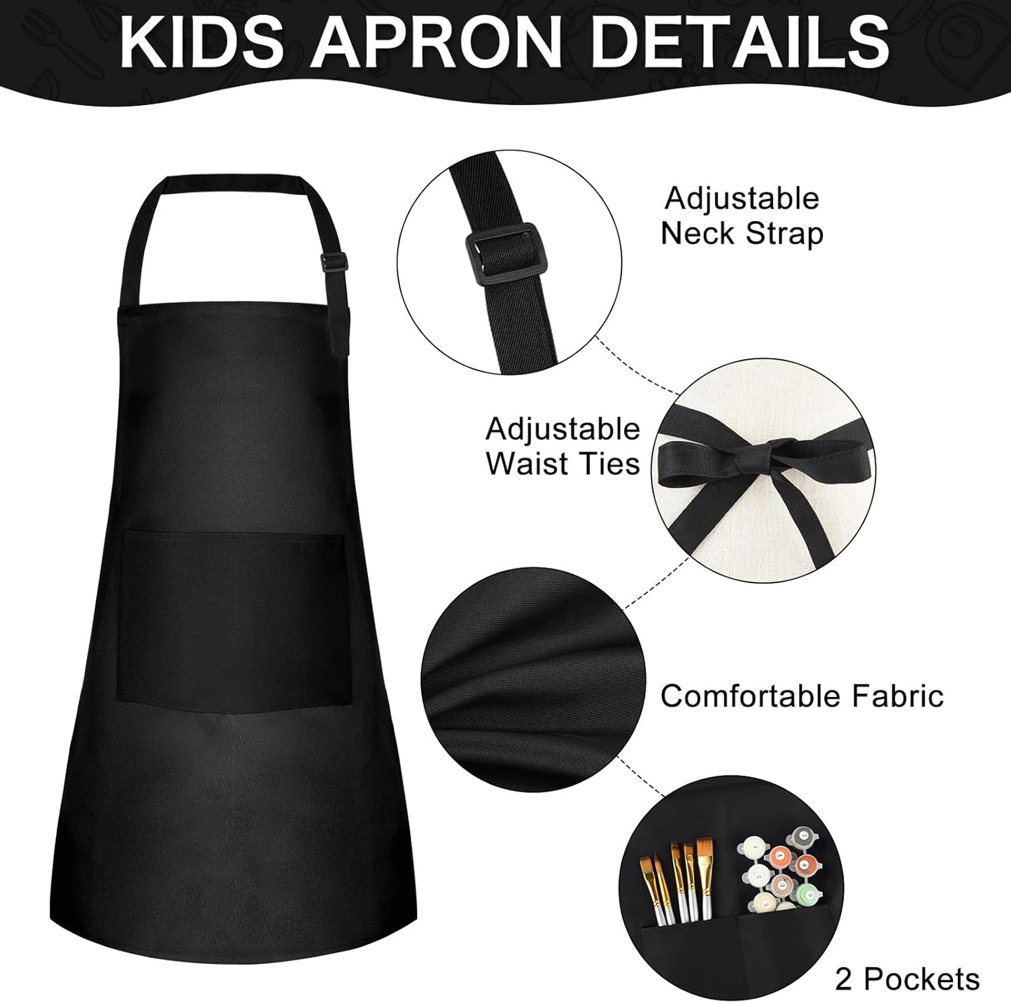 PLULON 12 Pcs Kids Apron Adjustable Kids Chef Apron Set with 2 Pocket for Painting Cooking Baking Grilling Crafting (Black)