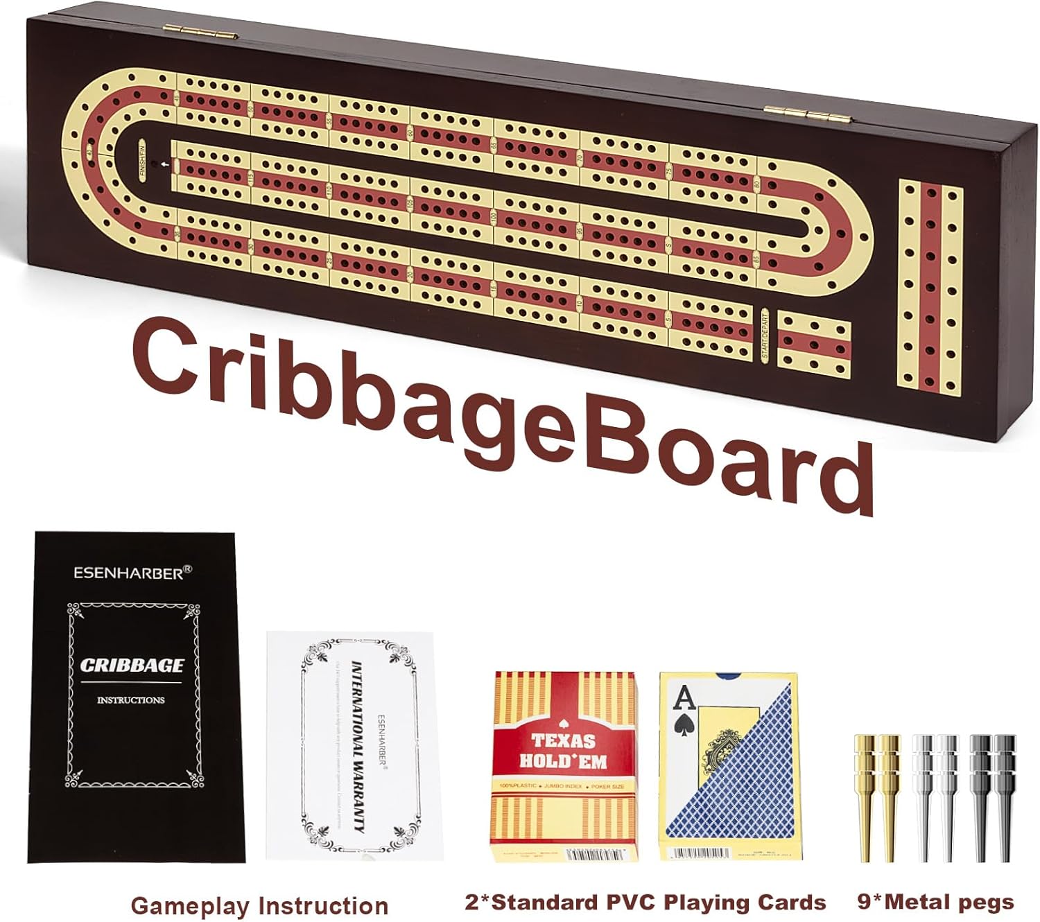 Cribbage Board Game Set, Premium Wooden Board with Magnetic Lock and Metal Pegs, 2 Playing Cards, and Large Storage - Travel-Friendly Continuous 3 Track Board