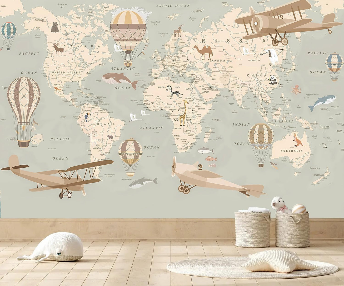 AFZEVEB-Vintage Animal Wallpaper Cartoon Aircraft Map Wall murals for Kids Room 182"x120"(Not Peel and Stick)