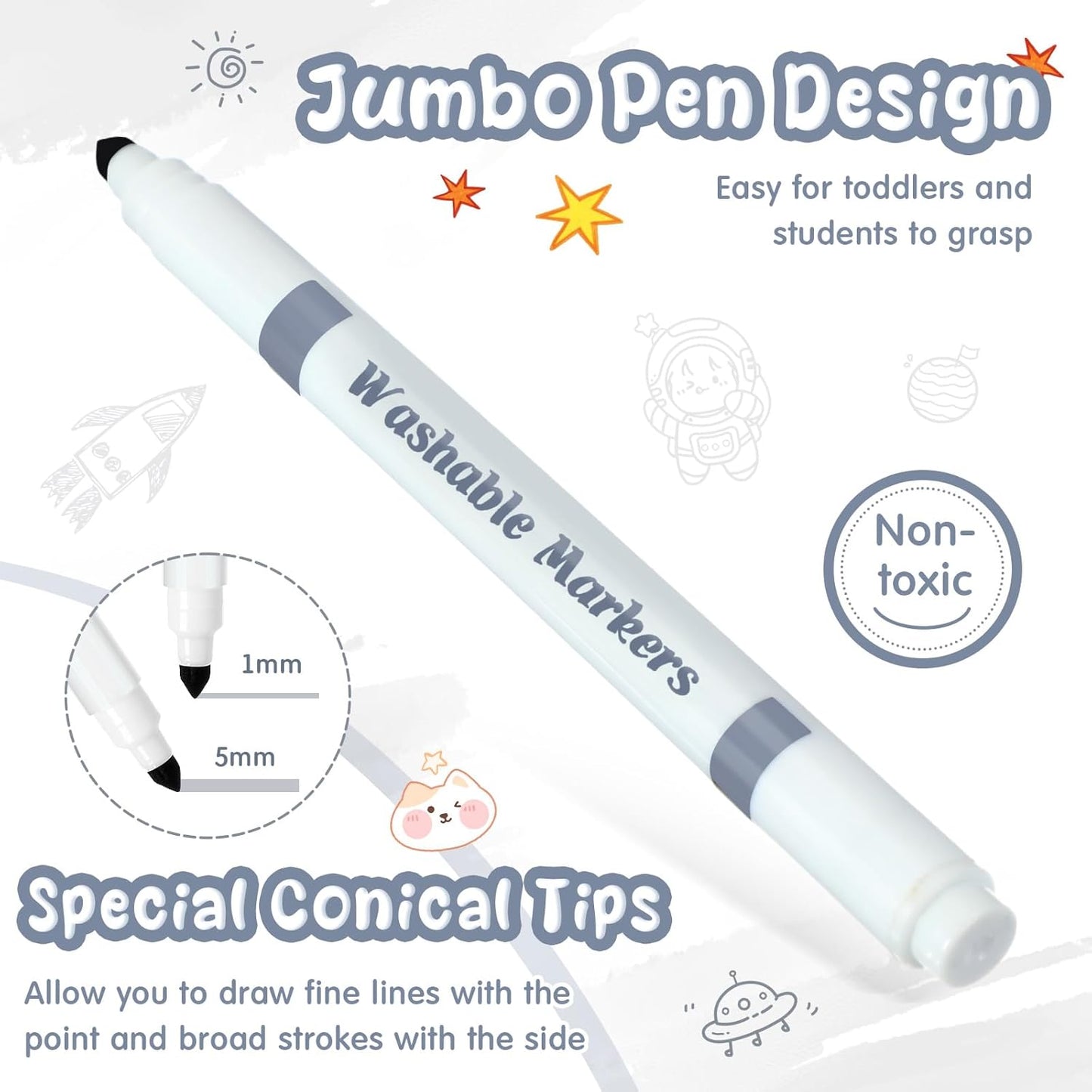 18 Pcs Line Washable Markers Bulk Grey Fine Tip Markers Set Coloring Thin Tip Drawing Washable Pen for Kids Art School Classroom Back to School Gender Reveal Party Supplies, Ages 6+
