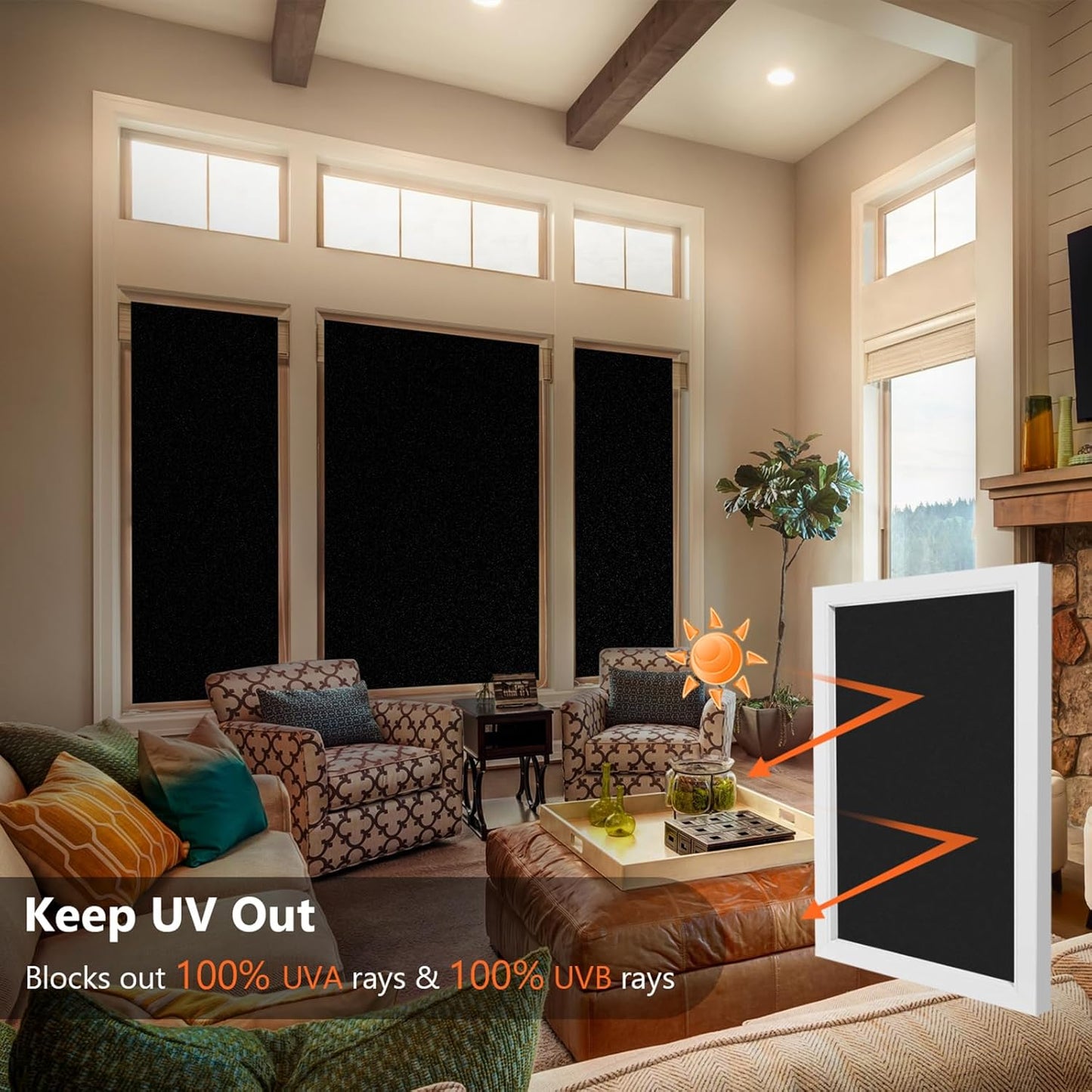 Kromapolis Blackout Window Privacy Film Total Light Blocking Room Darkening Window Covering, Removable Static Cling Frosted Glass Tint, Non-Adhesive, Black 17.5'' x 78.7''