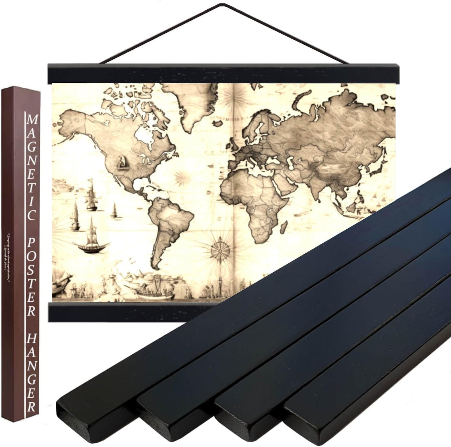 DACRI HOME 32" Wide Magnetic Poster Hanger Frame - 32x24 32x48 32x40 Wooden Frame, Premium Teak Wood, Strong Magnets, Quick Wall Hanging for Poster, Map, Picture, Print, Scroll (32 Inch, Black)