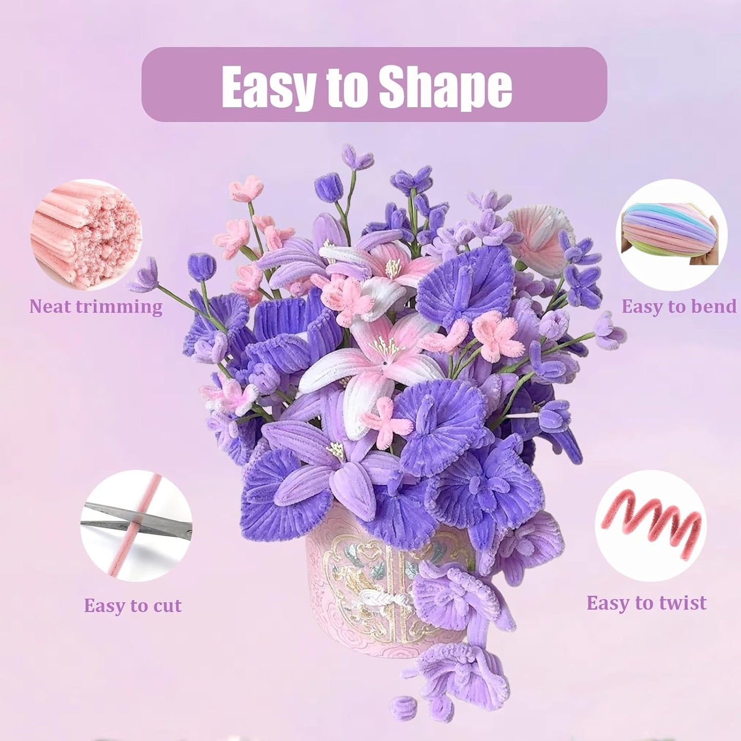LansinLife 400 Pcs Pipe Cleaners Craft Set, 4 Assorted Pipe Cleaners Bulk, Chenille Stems for DIY Flower Making Kit with Floral Stems, Gardening Tape, Stamen, Ribbon for DIY Bouquet Gift (Purple)