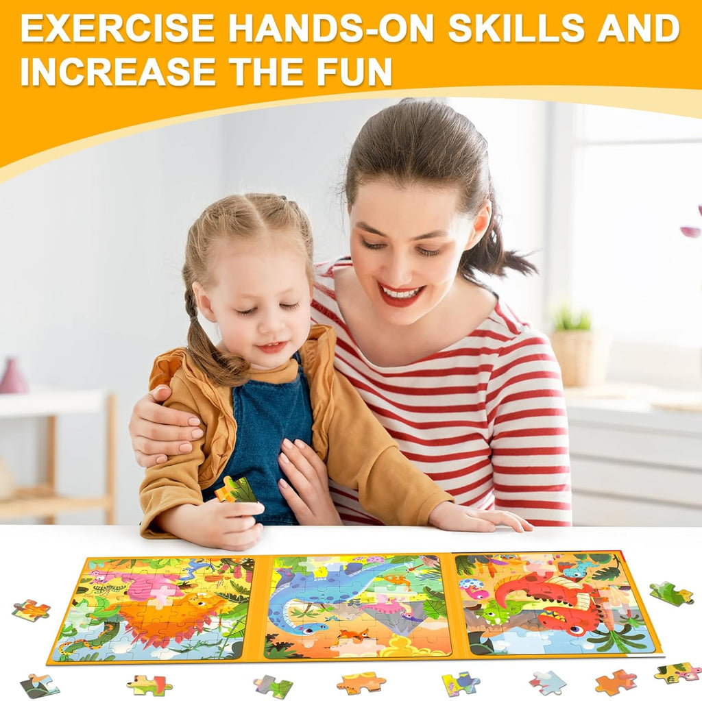 Magnetic Puzzles for Kids Ages 3-5, 3 in 1 Dinosaurs Magnetic Jigsaw Puzzle Book, Travel Puzzles Toys for Toddlers 3-8 Year (Dinosaur World)