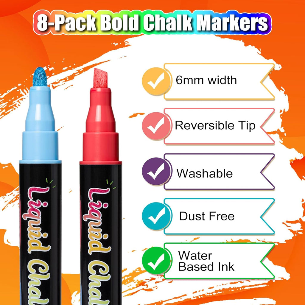 Chalk Markers, Vibrant Color Liquid Chalk Pens, for Chalkboard, Blackboard, Window, Glass, Mirror, Water-Based, Non-Toxic, 6mm Reversible Tip, 8 Pack