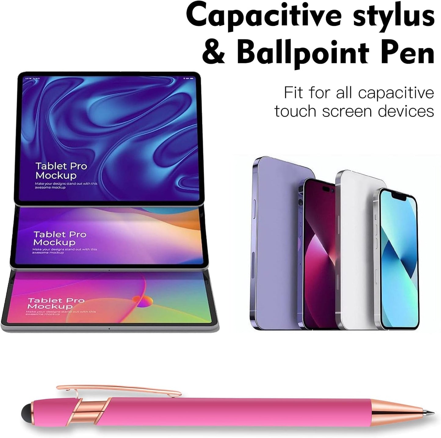 12 PCS 2 in 1 Stylus Ballpoint Pen with Stylus Tip, 1.0 mm Black Ink Metal Pen Stylus Pen for Touch Screens (Rose Gold & Pink)