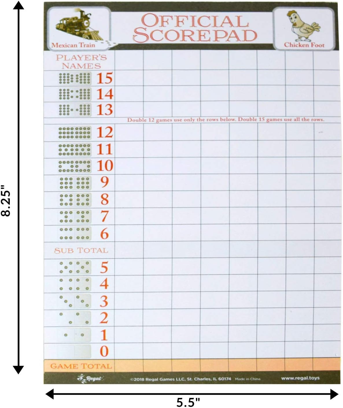 Regal Games Mexican Train Score Pads & Chicken Foot Dominoes Game for Adults - Ideal for Family Fun Game Night and Travel - 100 Sheets (8.25" x 5.5")