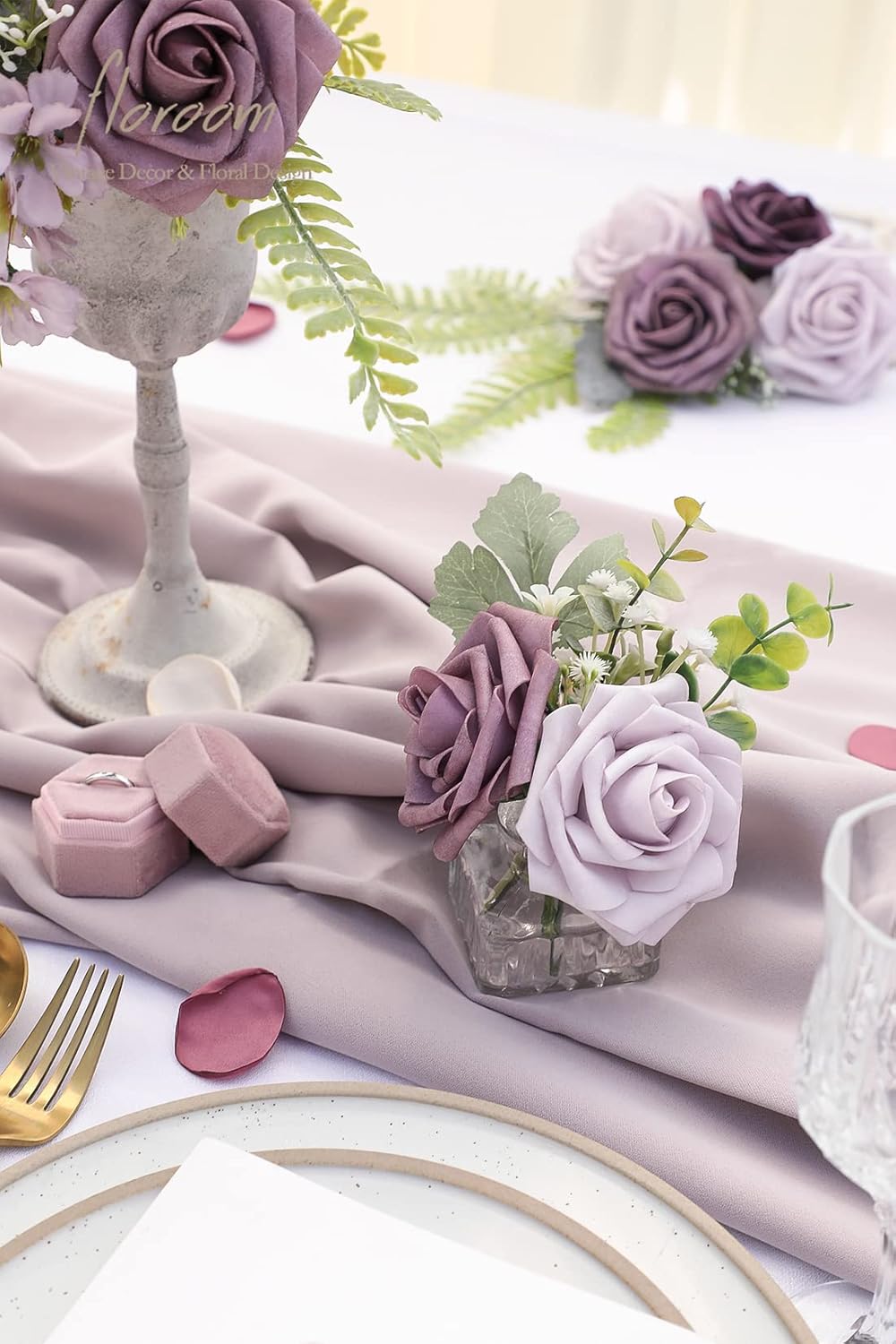 Floroom Artificial Flowers 25pcs Real Looking Plum Ombre Colors Foam Fake Roses with Stems for DIY Wedding Bouquets Bridal Shower Floral Centerpieces Party Tables Home Decorations