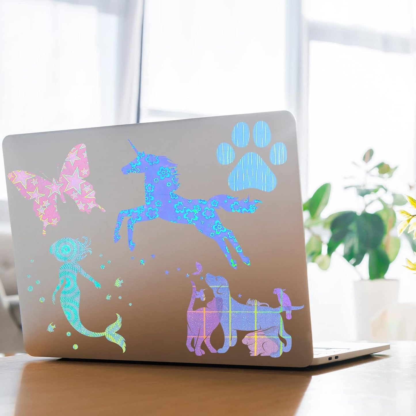 36 Sheets Holographic Sticker Paper Clear A4 Vinyl Sticker Paper Self Adhesive Waterproof Transparent Film Gem Rainbow Star Patterns, 11.7 x 8.3 Inch (Line,Lattice,Firework,Gear,Flower,Pentagram)