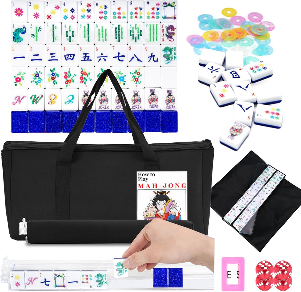 American Mahjong Set with 160 Acrylic White Tiles and 4 Transparent Holders/Pushers, Portable American Style Mahjong Game with Carrying Bag, Classic Board Games for Family Night