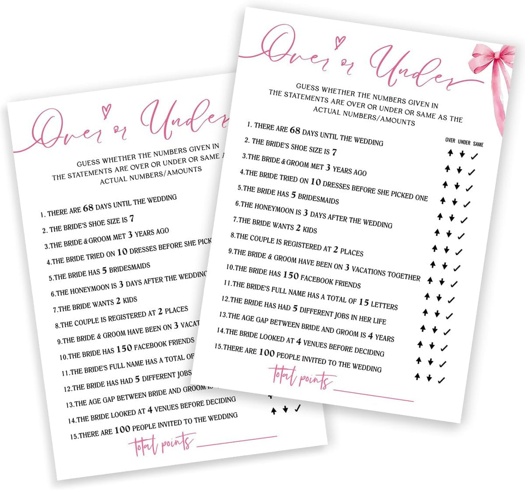 Bridal Shower Games Cards, Guess Over or Under, Bridal Shower Games 25 Guests, Engagement Party Wedding Games for Guests, Pink Ribbon Bow Wedding Party Supplies - E13