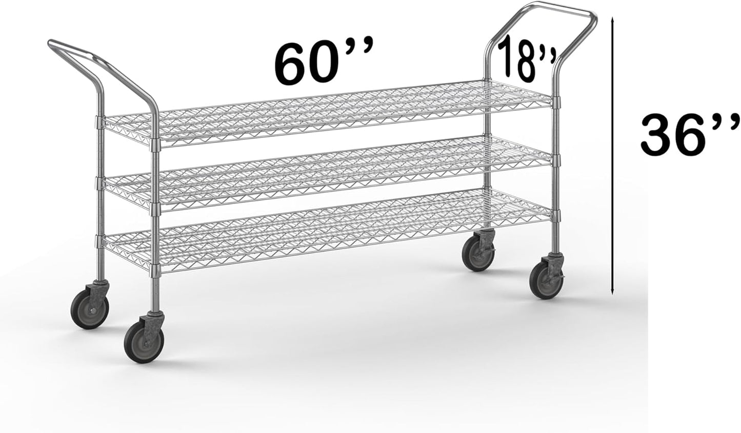 18" W x 60" L x 36" H Chrome Heavy Duty Utility Cart | 3 Tier | NSF Commercial Storage Rack Mobile Unit | Storage and Mobility Solution for Your Business