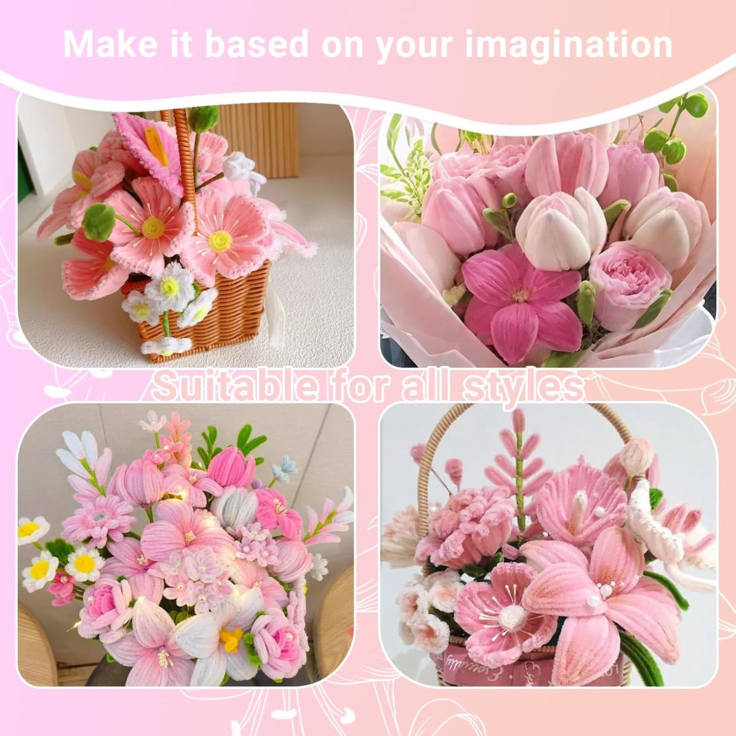 400 Pcs Pipe Cleaners Craft Kit and Craft Supplies Set, 4 Colors Chenille Stems Craft Kits. Includes Floral Tape, Wire, Stems and More, DIY Arts and Crafts Supplies for Flower Making (Pink)