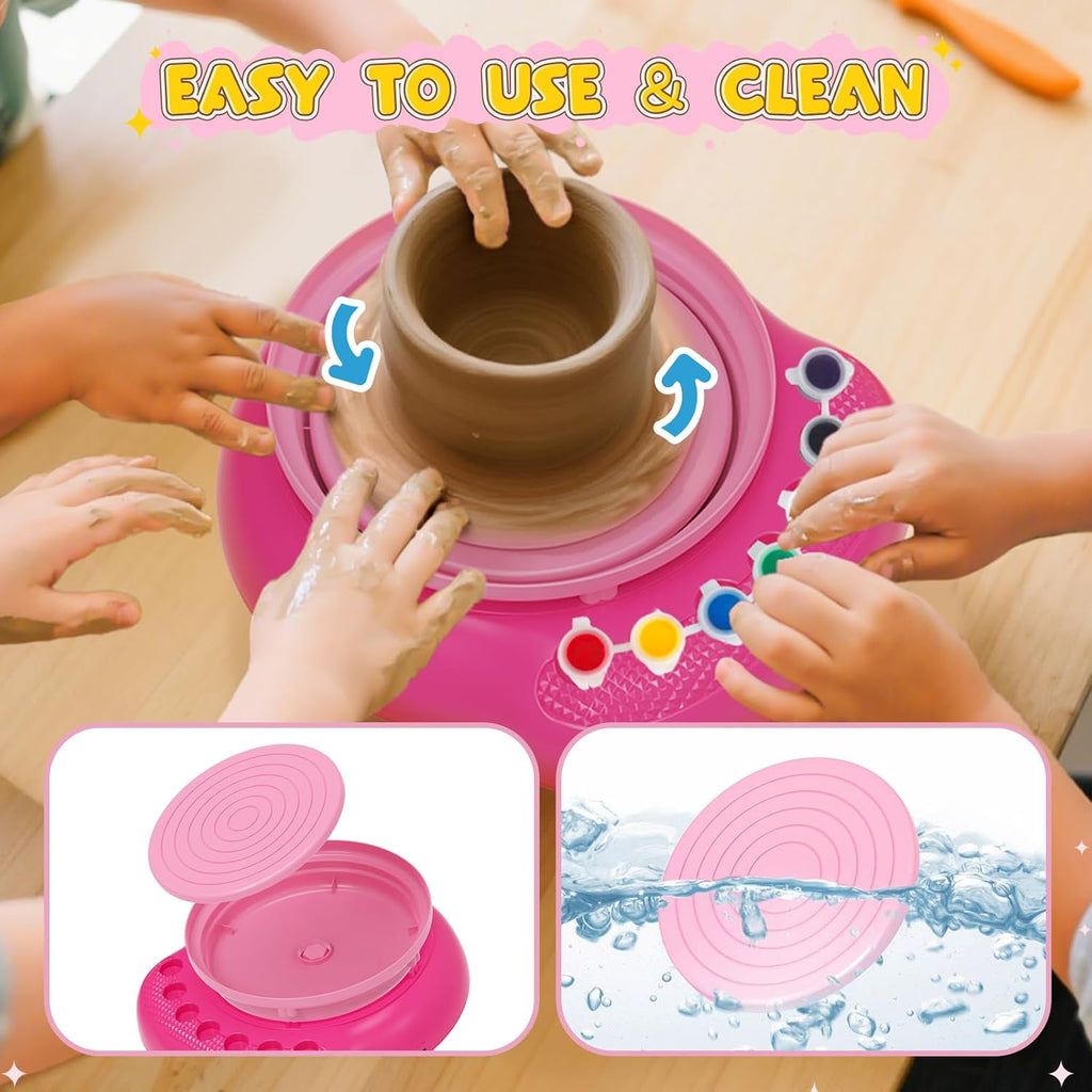 Pottery Wheel for Kids– Complete DIY Pottery Painting Kit for Ages 8-12 Beginners with 4 Air-Dry Clay Packs and Tools, Arts & Crafts Supplies Toys Birthday Gift for Boys Girls 6+ Years Old (Pink)