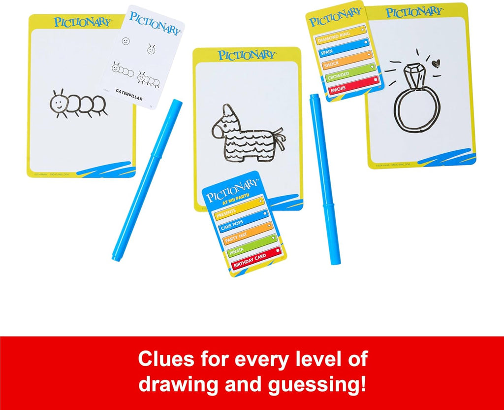 Mattel Games Pictionary Family Board Game for Kids, Adults and Game Night for 2 Teams with Erasable Markers, Boards and Sand Timer